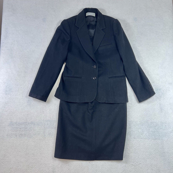 Evan Picone Vintage Suit Blazer & Skirt Black Wool Blend 10P Womens Career USA